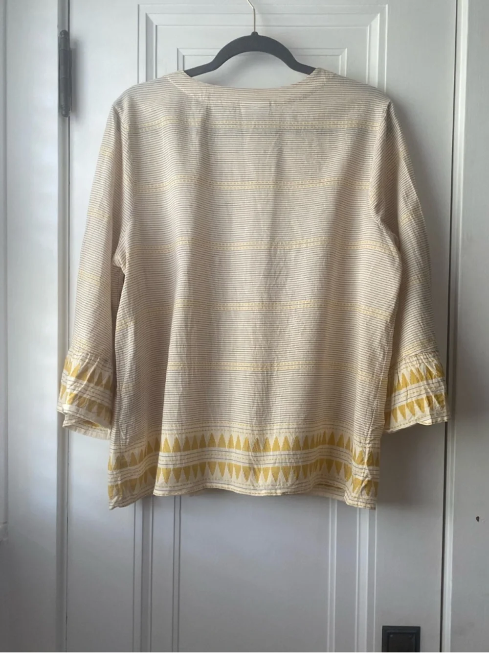 J Jill cream yellow stripe embroidered bell sleeve top blouse L - Picture 6 of 6